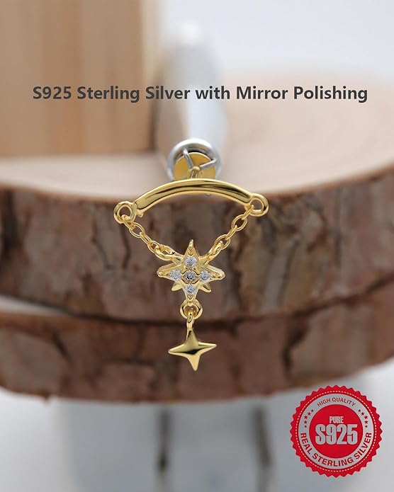 Solid 925 Sterling Silver Helix Earring with Dangle Chain 14K Gold Plated Flat Back Cartilage Stud Crescent Moon & Star CZ Internally Threaded Piercing Jewelry Ear Ring Gift