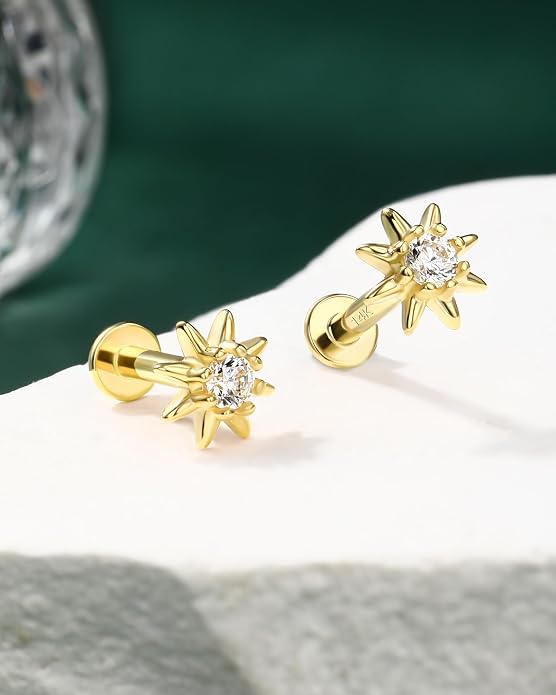 COCHARM 14K Real Gold Helix Cartilage Conch Earring Stud 16g Flat Back Sun Helix Cartilage Conch Tragus Piercing 16g Yellow Gold Internally Threaded Star Tragus Stud Jewelry