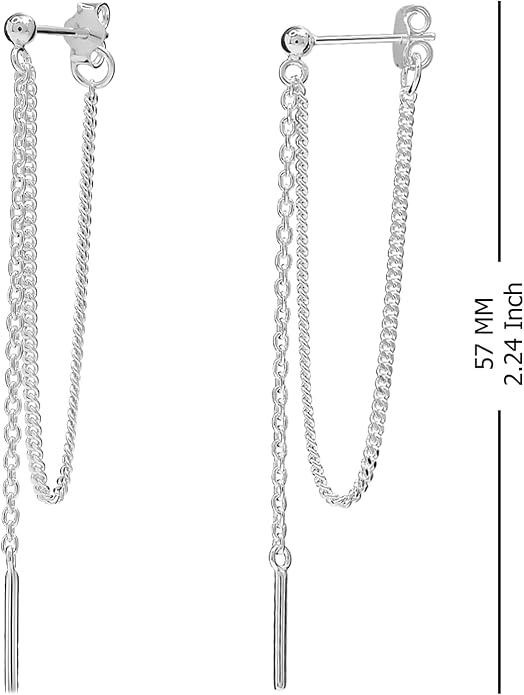 Charmsy 925 Sterling Silver Drop Dangle Earrings for Women | Long Threader Dangle Earrings Chain With Bar 57 MM