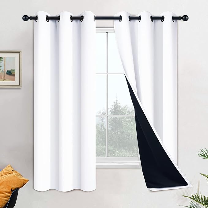 Yakamok Pure White 100% Blackout Curtains 63 Inches Long 42" Wide 2 Panel | Blackout Curtain Panels for Bedroom, 2 Thick Layers Grommet Top Thermal Insulated Drapes with Black Liner for Living Room