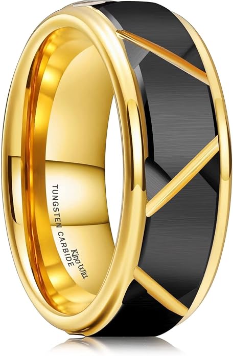 King Will Men's 8mm Tungsten Carbide Wedding Band, Hammered Faceted Diamond Cut Ring with Groove Inlay, Geometric Industrial Engagement Band for Men Women Comfort Fit Size 7-14