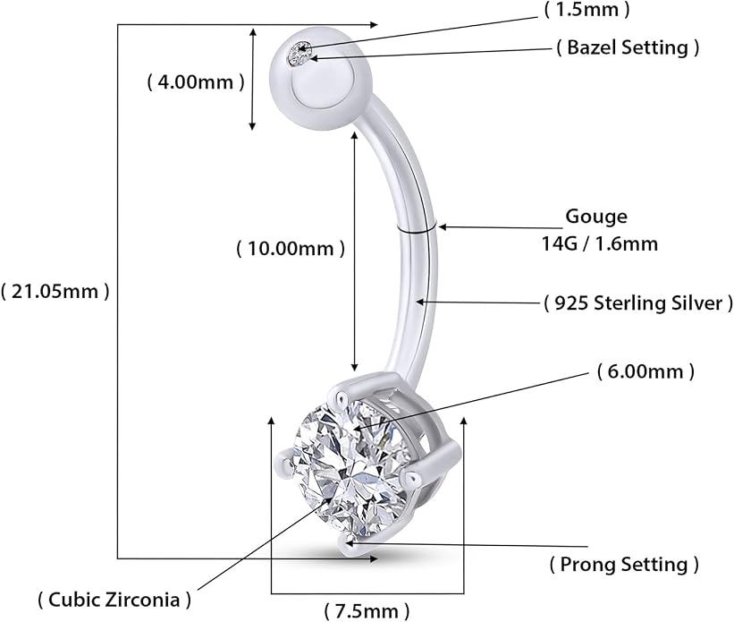 AFFY Round Shape Body Piercing Curved Barbells, Floating Navel Belly Piercing Button Premium Surgical Steel Ring in 14K Gold Over Sterling Silver