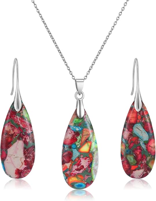 Kingdder Natural Stone Jewelry Set for Women Imperial Healing Stone Necklace Colorful Teardrop Dangle Earings Boho Jewelry