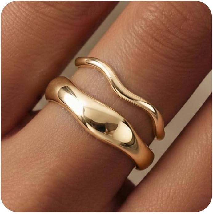 Gold Rings for Women Men Non Tarnish, Waterproof Chunky 14K Gold Plated Dainty Stackable Rings Trendy Statement Pinky Thumb Rings Engagement Eternity Wedding Band Ring Stacking Gold Jewelry Size 3 4 5 6 7 8 9 10 11