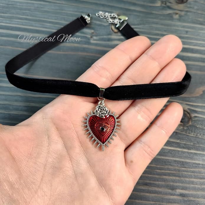 Gothic Black Velvet Choker Necklace with Red & Silver Heart Shaped Pendant Floral Rose Evil Eye Third Eye Goth Whimsigoth Handmade Jewelry Gift for Her Witchy Wiccan