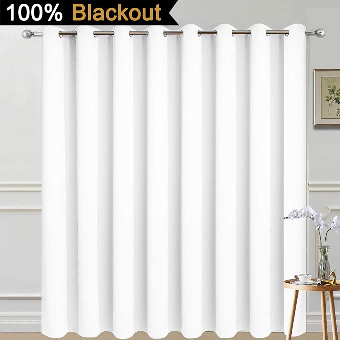 Yakamok Pure White Blackout Patio Door Curtain Panels W100 x L96, 1 Panel | Noise Reducing Barrier Panel for Sliding Glass Door, 2 Thick Layers Heat Full Light Blocking Patio Door Drapery