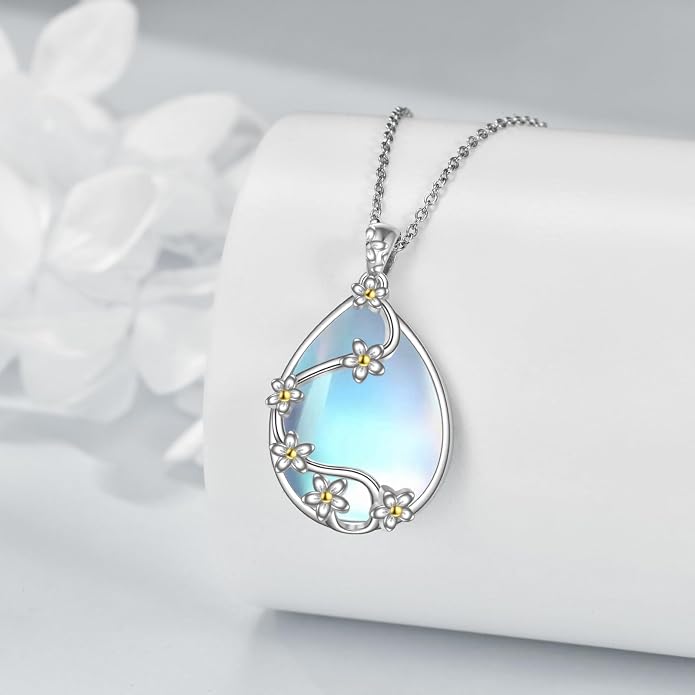 YAFEINI 925 Sterling Silver Moonstone Necklace Filigree Teardrop Pendant Necklace Jewelry for Women Girls