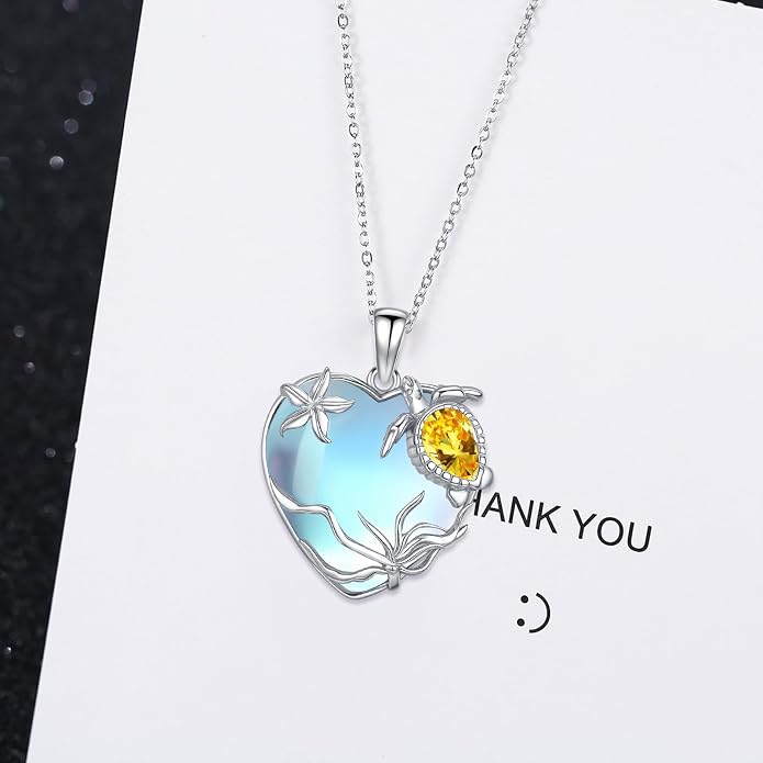 Sea Turtle/Seaweed Necklace for Women 925 Sterling Silver Heart of the Ocean Moonstone Pendant Necklace Turtle Moonstone Jewelry Gift for Wife Mom