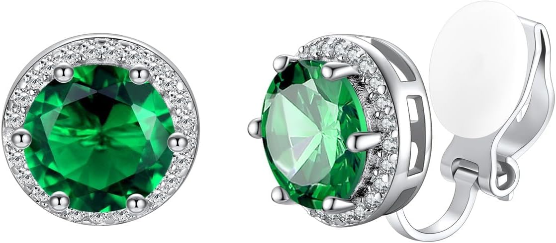 Silvora 925 Silver 8MM Cubic Zirconia Birthstone Clip On Stud Earrings Round Non Pierced Earrings For Women,Come with Box