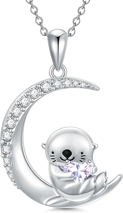 PROESS Animal Birthstone Necklace 925 Sterling Silver Otter/Axolotl/Hippo/Elephant/Dachshund/Monkey/Red Panda Pendant Necklace Animal Birthstone Jewelry Gifts for Women