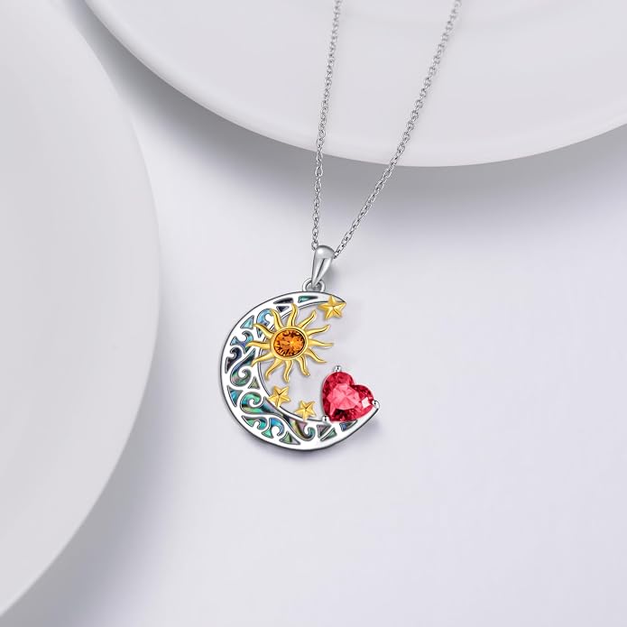 AOBOCO 925 Sterling Silver Sun and Moon Star Pendant Necklace with Simulated Birthstone, Birthday Christmas Jewelry Gift for Women Teen Girls
