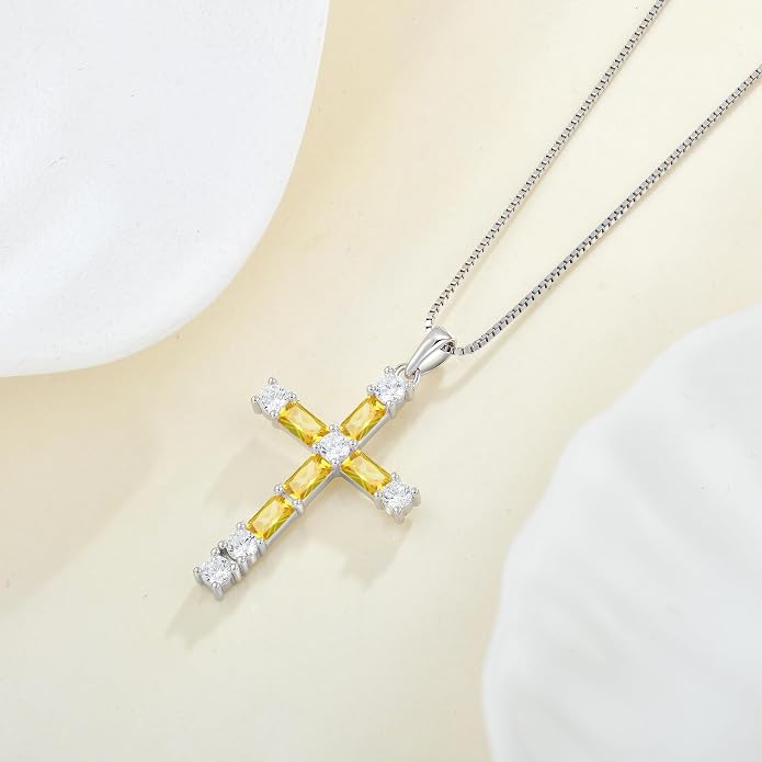 Birthstone Cross Necklace for Women 925 Sterling Silver Christian Religious Crucifix Pendant Rectangular Cut Birthstone Jewelry Gifts for Her