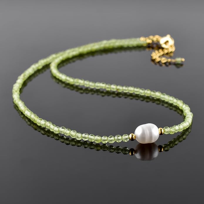InfinityGemsArt Gemstone Gold Necklace For Women, Birthstone Natural Crystal Stone With Freshwater Pearl Beaded Jewelry, Gold Plated 18 Inch Chain