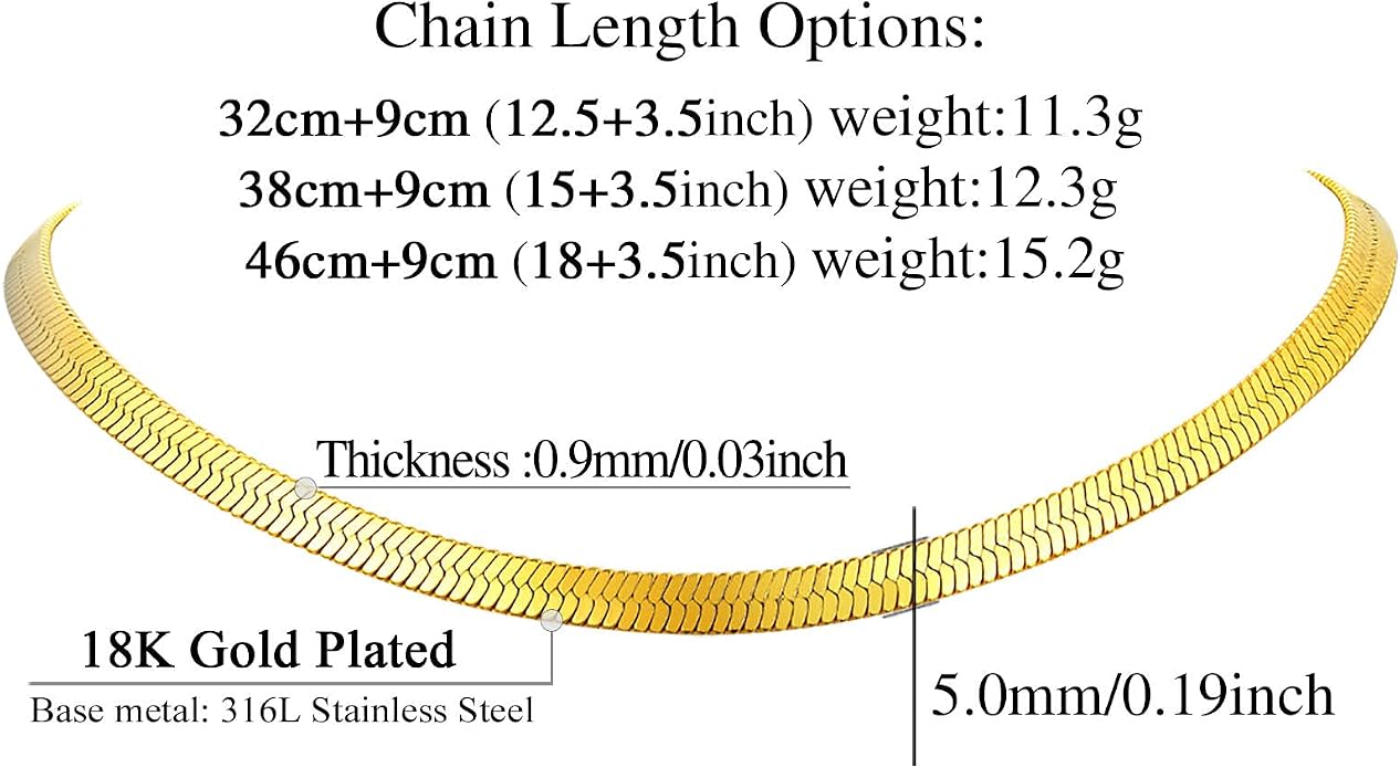 FindChic Black/14K Gold Plated Herringbone Choker Chain Necklace for Women | Waterproof Stainless Steel, Dainty Layering, Flat Snake Chain, Non-Tarnish, Hypoallergenic, Adjustable Extender, Gift Box