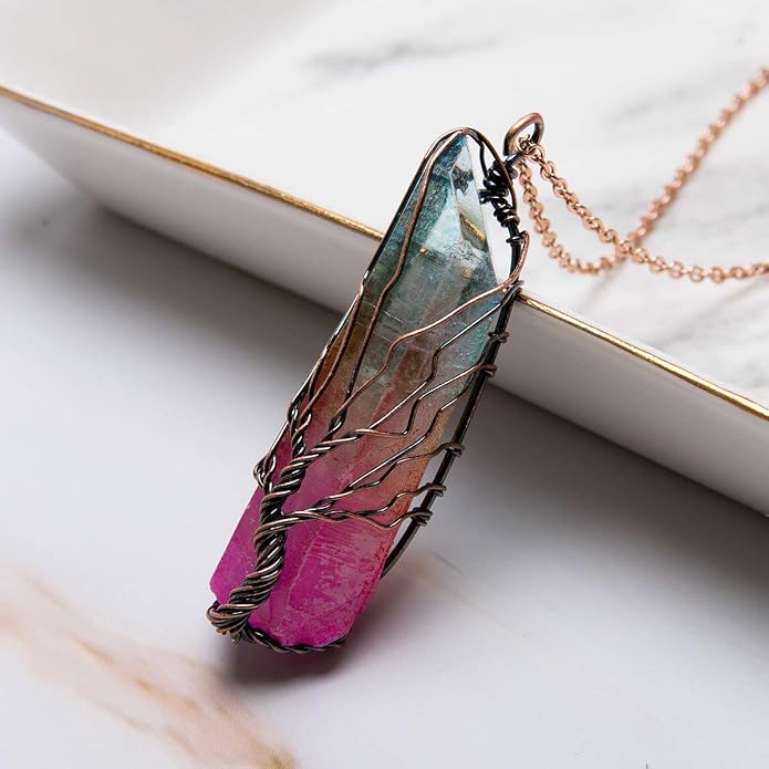 Bivei Life Tree Copper Wire Wrapped Crystal Necklace Chakra Pendant Natural Stone Quartz Reiki Jewelry Gift for Women