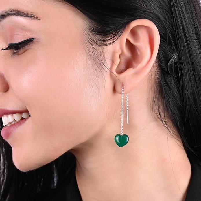 Gemstone Heart Shaped Threader Earrings in 925 Sterling Silver, Pull Through Adjustable, Versatile & Trendy, Perfect Valentine's Gift for Women, Choice of Gemstone Available