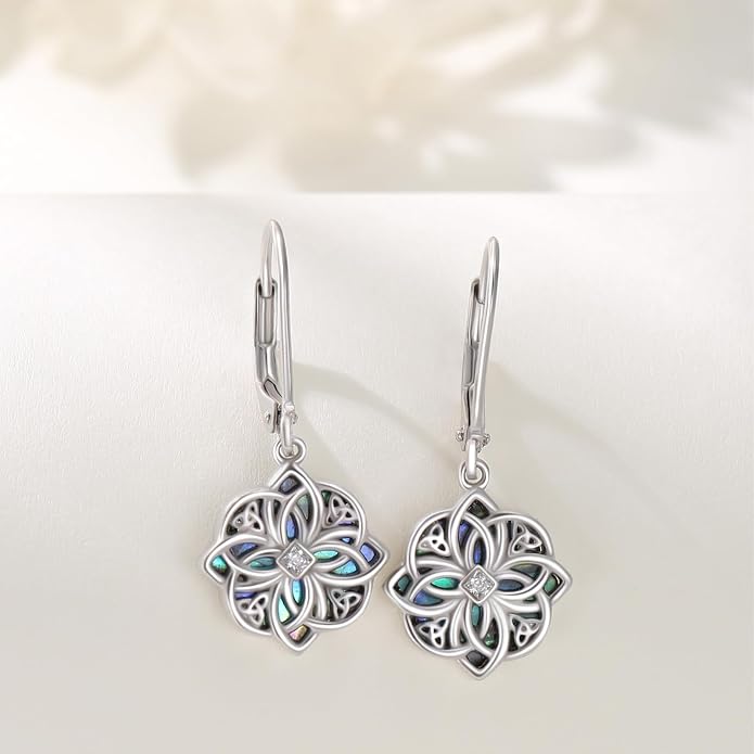 Celtic Knot Earrings 925 Sterling Silver Abalone Drop Dangle Celtic Earrings Gifts for Women