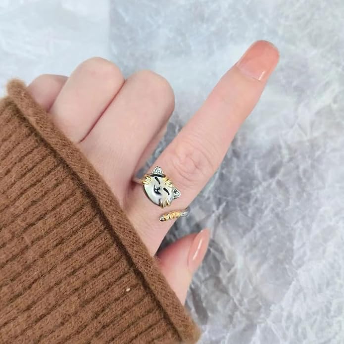 Cute Cat Pet Anxiety Relieve Spinner Rings Kitten Animal Fidget Open Adjustable Ring Sterling Silver Plated Worry Stress Relieving Boredom ADHD Autism Jewelry Stacking Finger Promise Engagement Gift