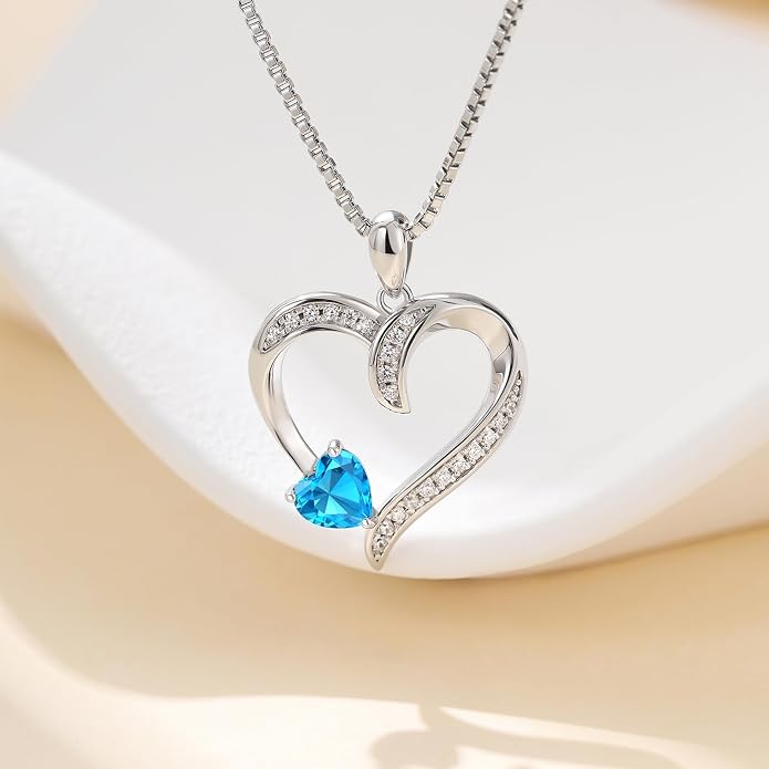 Love Heart Necklace for Women, 925 Sterling Silver Cubic Zirconia Birthstone Heart Pendant Jewelry Gift for Mom, Mother, Wife, Girlfriend on Birthday, Mother's Day, Chain 18 inch