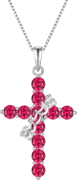 Rotated Crown Cross Necklaces for Women, 925 Sterling Silver Round Cut Zircon Neckalce Pendant With Ring Birthstones Jewelry for Her