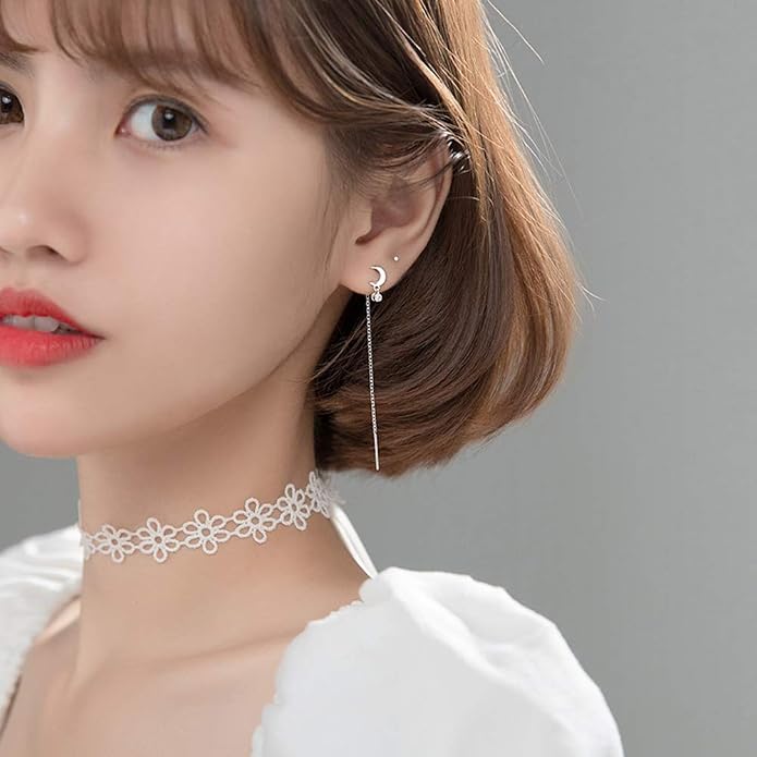 Asymmetrical Star Moon Threader Tassel Dangle Earrings S925 Sterling Silver Dainty Diamond Crystal CZ Long Chain Drop Stud Earring Ear Line Cute Jewelry Gifts for Women Sensitive Ears