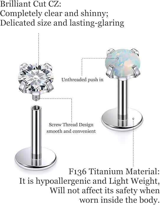F136 Titanium Flat Back Screw on Nose Rings Earrings 20g 18g Stud for Men Women Cartilage Tragus Lip Labret Piercing Jewelry 6mm 8mm Hypoallergenic Internally Threaded