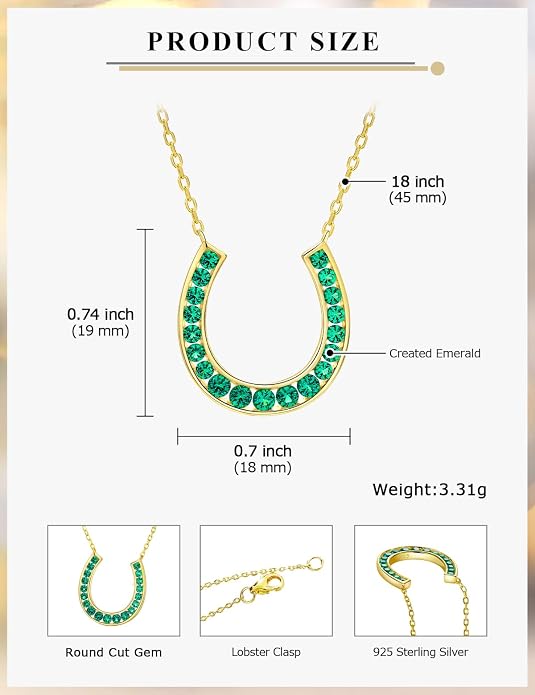 Luck Horseshoe Necklace 14K Gold Plated/Sterling Silver Created Gemstone Pendant with Chain Channel Set U Shaped Charm Necklace Birthstone Jewelry