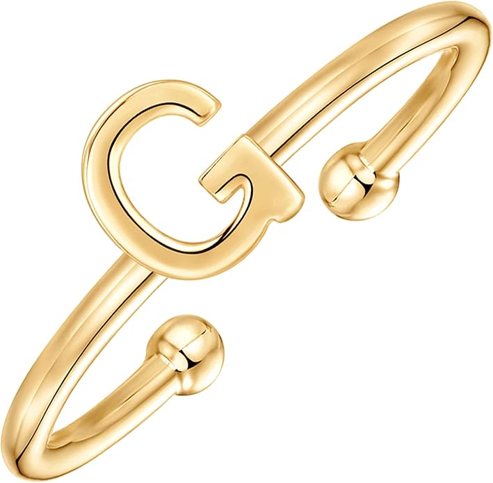 PAVOI 14K Gold Plated Initial Letter Adjustable Ring for Women - Thin Initial Band - Dainty Fashion Jewelry Gifts