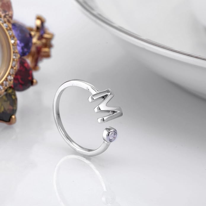 VIKI LYNN 925 Sterling Silver Rings Size 4.5 Adjustable Initial Letter Ring with Cubic Zirconia-Personalized Gifts for Women