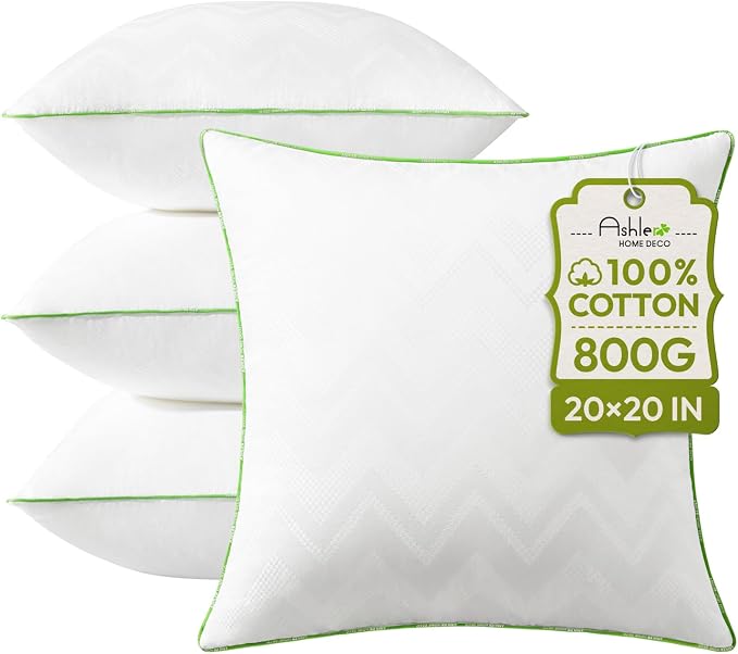 Ashler Home Deco 20x20 Pillows Insert (Set of 4) - Throw Pillow Inserts with 100% Cotton Cover - 20 Inch Square Interior Sofa Stuffer Pillow Inserts -Decorative White Couch Pillow
