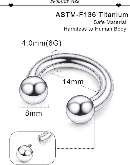 20G 18G 16G 14G 12G 8G 6G 4G 2G ASTM F136 Titanium Internal Thread Horseshoe Septum Ring Jewelry Circular Barbell Helix Snug Tragus Rook Daith Cartilage Earring Lip Ring Piercing Jewelry