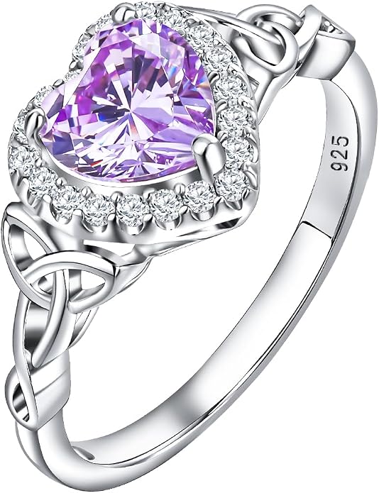 DAYBYDAY Celtic Birthstone Rings for Women 925 Sterling Silver Heart/Round/Pear/Oval Created Gemstone Moissanite Halo Engagement Promise Rings for Her Wife Birthday Anniversary Wedding Jewelry
