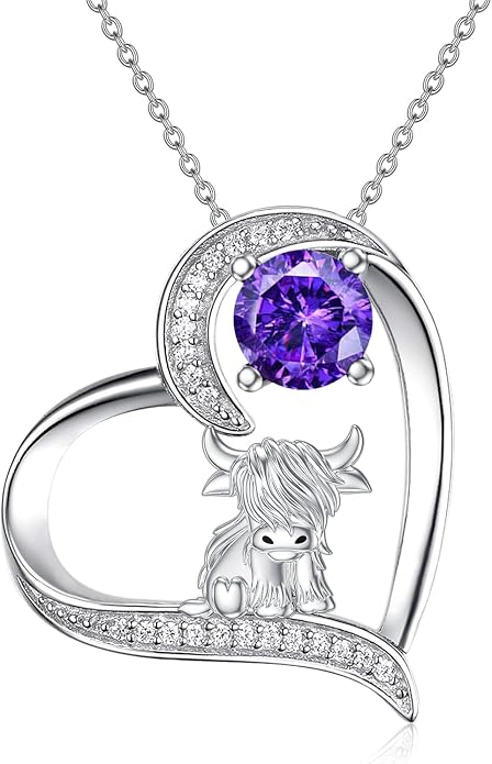 Highland Cow Gifts for Women 925 Sterling Silver Highland Cow Birthstone Necklace Fluffy Cow Jewelry Gifts Birthday Christmas