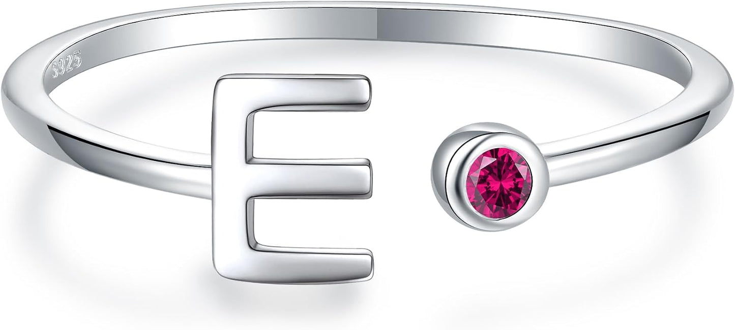 925 Sterling Silver Initial Letter Birthstone Rings for Women Adjustable 1-12 Month Birthstone Alphabet Stacking Ring for Teens Girls Stackable Birthstone Rings Birthday Jewelry Gift for Daughter Mom