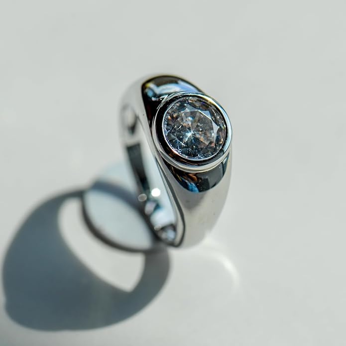 Women's Wide Band Round-Cut 2 Carat CZ Ring | Large Gold Chunky Bezel Halo Statement Ring