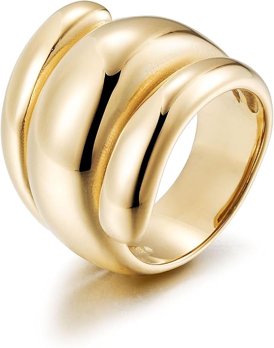 CIUNOFOR Chunky Statement Rings for Women, 14K Gold Plated Stainless Steel Dome Ring, Wide Band Retro Dome Jewelry Gift, Non-Tarnish Adjustable Fashion Ring, Fit Size 6 to 10