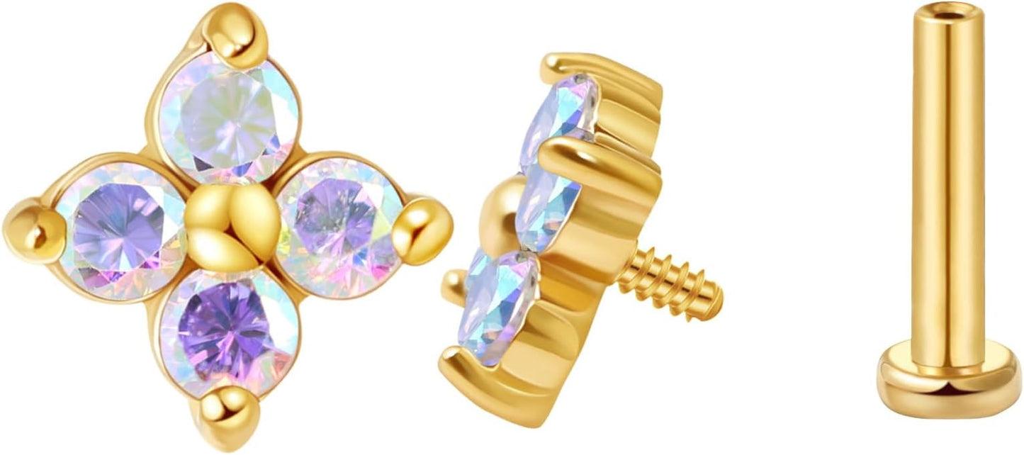 FANSING CZ Flower Internally Threaded Flat Back Earring Labret Stud for Cartilage Tragus Helix Conch