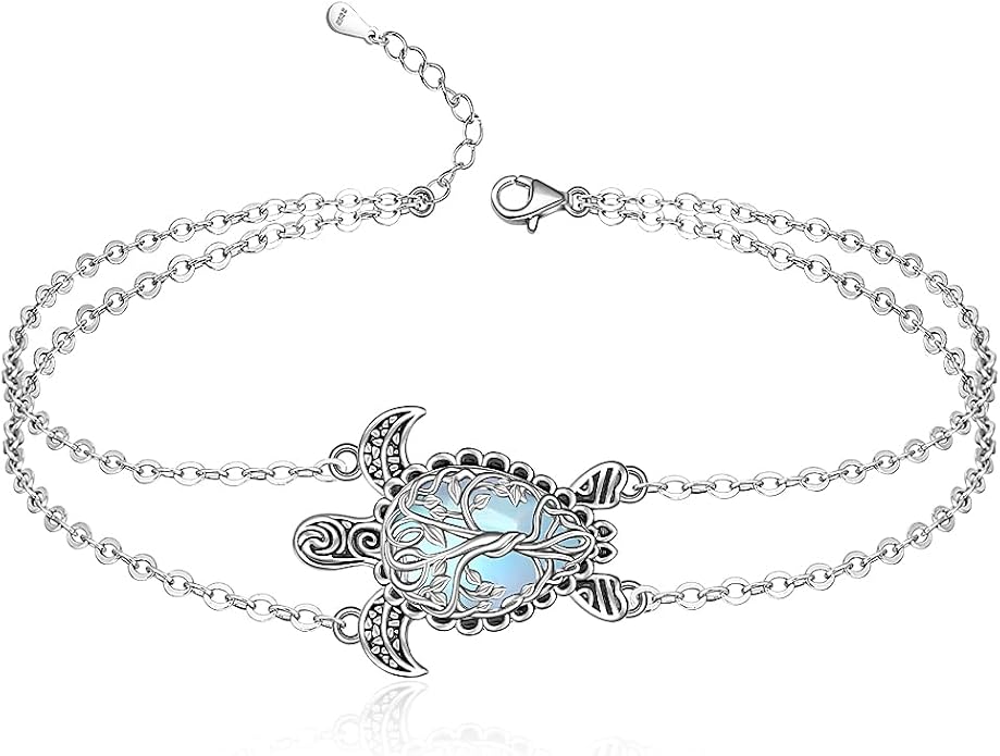 Fenthring Turtle Anklet S925 Sterling Silver Blue Opal Sea Turtle Ankle Bracelets for Women Infinity Wave Ocean Beach Summer Foot Bracelet Jewelry Layered Adjustable