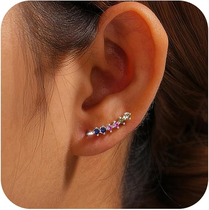 Dainty Colorful Cubic Zirconia Ear Climbers Earrings for Women 925 Sterling Silver 14K Gold Plated Rainbow Gemstone Crawler Earrings Stud Earring Hypoallergenic Ear Clips Wedding Graduation Jewelry Gifts