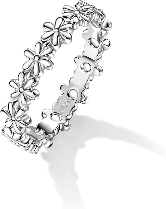 925 Sterling Silver Rings for Women Daisy Flower Stack Rings，Sterling Silver Hypoallergenic Fade-Resistant，Non Tarnish Statement Ring Fashion Marriage Band Sunflower Stacking Ring Jewelry Gift for Women
