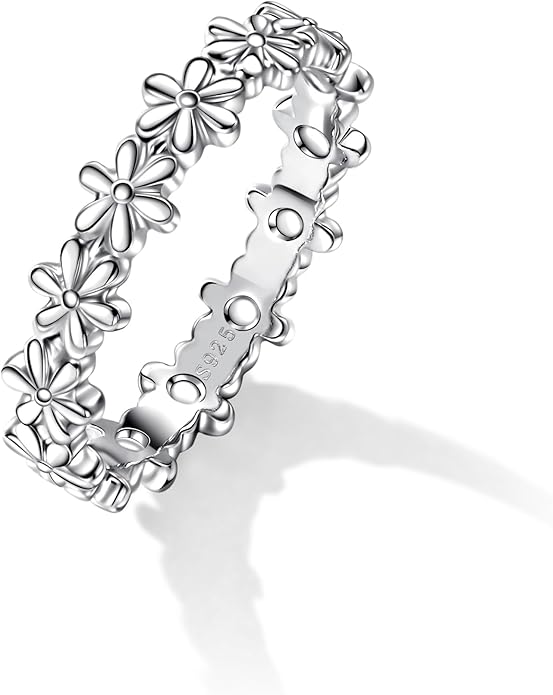 925 Sterling Silver Rings for Women Daisy Flower Stack Rings，Sterling Silver Hypoallergenic Fade-Resistant，Non Tarnish Statement Ring Fashion Marriage Band Sunflower Stacking Ring Jewelry Gift for Women