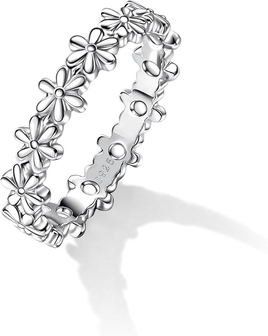 925 Sterling Silver Rings for Women Daisy Flower Stack Rings，Sterling Silver Hypoallergenic Fade-Resistant，Non Tarnish Statement Ring Fashion Marriage Band Sunflower Stacking Ring Jewelry Gift for Women