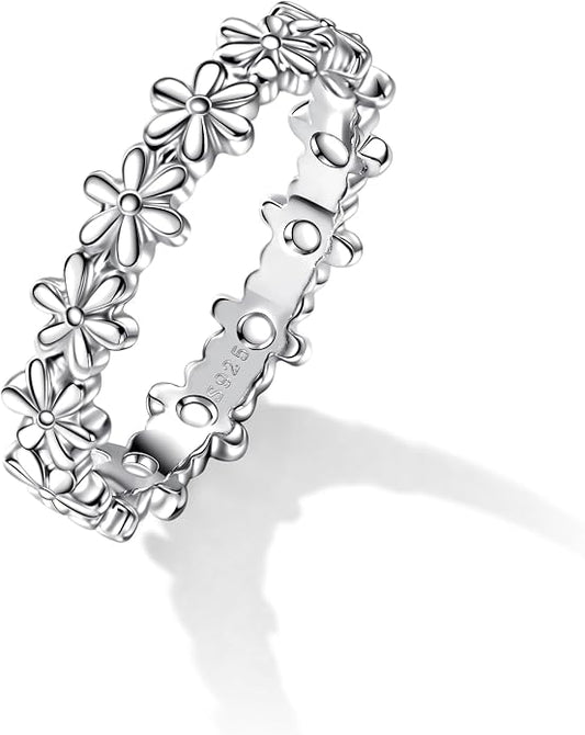 925 Sterling Silver Rings for Women Daisy Flower Stack Rings，Sterling Silver Hypoallergenic Fade-Resistant，Non Tarnish Statement Ring Fashion Marriage Band Sunflower Stacking Ring Jewelry Gift for Women