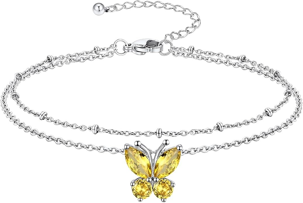 Richsteel Double Layer Heart/Butterfly Birthstone Anklet for Women Non Tarnish Waterproof, Silver/Gold/Black Stainless Steel 8.5-10.5 Inch Adjustable Chain Anklets Jewelry Gifts for Her