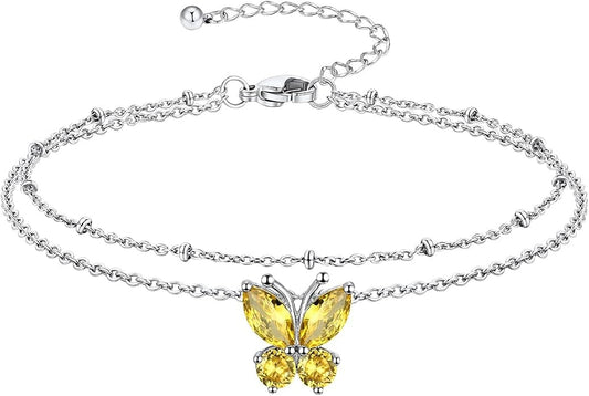 Richsteel Double Layer Heart/Butterfly Birthstone Anklet for Women Non Tarnish Waterproof, Silver/Gold/Black Stainless Steel 8.5-10.5 Inch Adjustable Chain Anklets Jewelry Gifts for Her