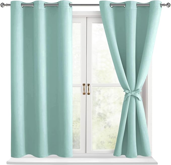 Hiasan Blackout Curtains for Bedroom - Light Blocking & Noise Reducing Window Curtains for Living Room, 2 Drape Panels Sewn with Tiebacks, Aqua, 38 x 54 Inch