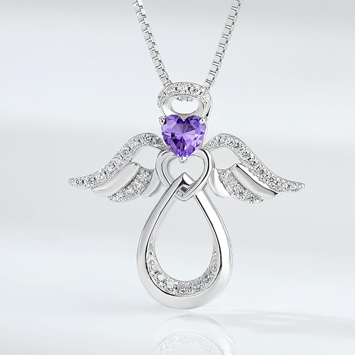 925 Sterling Silver Guardian Angel Pendant Necklace for Women with Birthstone Cubic Zirconia Little Angel Pendant Necklace Jewelry 18 inch Chain