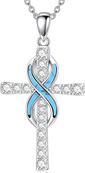 HPQQ Cross Necklace 925 Sterling Silver Turquoise Tree of Life Celtic Knot Cross Pendant Jewelry Mother's Day Gifts for Women