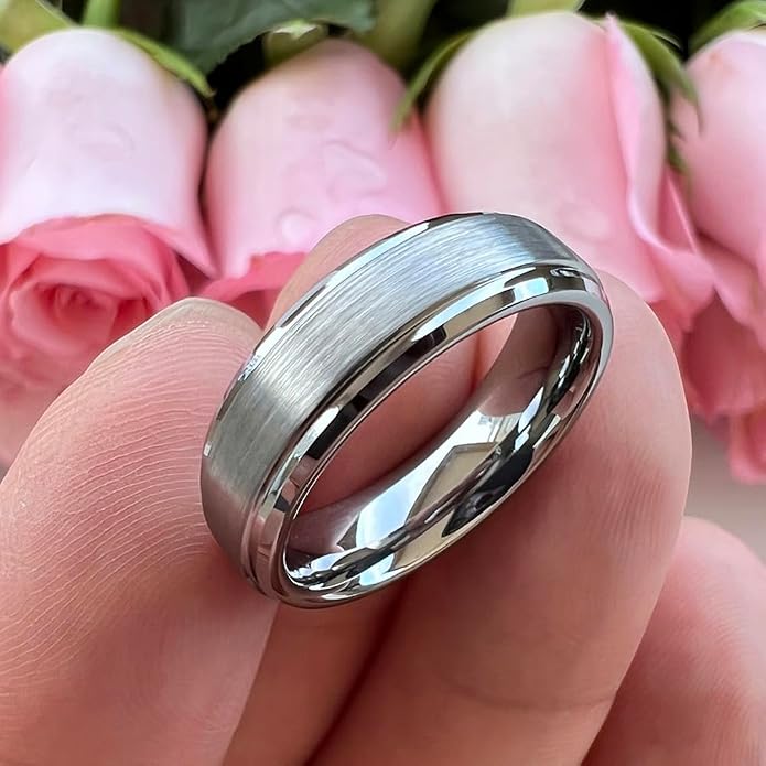 TUTISS 6mm 8mm Tungsten Rings for Men Women Fashion Engagement Wedding Bands Brushed Finish Stepped Beveled Edges Comfort Fit
