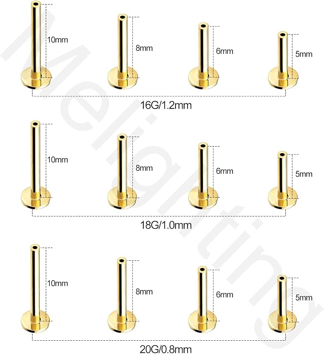 Melighting 14K Solid Gold Threadless Replacement, Gold Threadless Post Push in Flat Back, Labret, Nose, Helix, Conch, Tragus Cartilage Stud Earring 16G 18G 20G